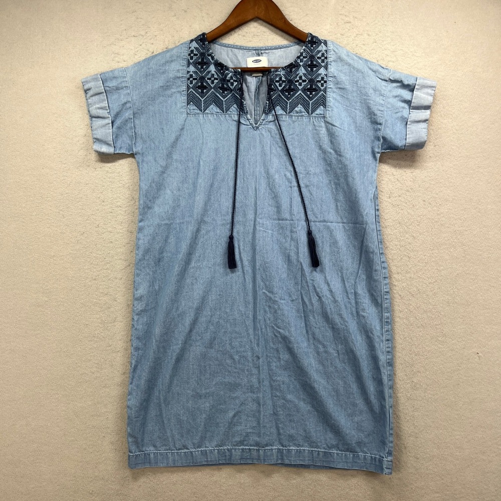 Old Navy Shift Dress Womens Small Blue Denim Mini Embroidered Aztec Tassel Boho
